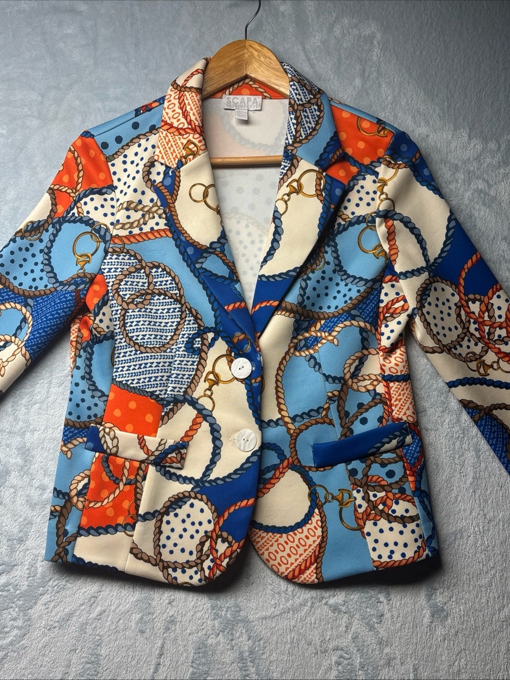 Scapa Lauren Perre Womens Nautical Rope Print Blazer Blue Orange Size Small